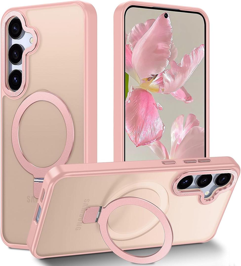 STERKER Designed for Samsung Galaxy S25 + Case Magnetic Ring Stand [Military Grade Drop Protection][Compatible with Magnetic] Translucent Slim S25 Plus, Pink