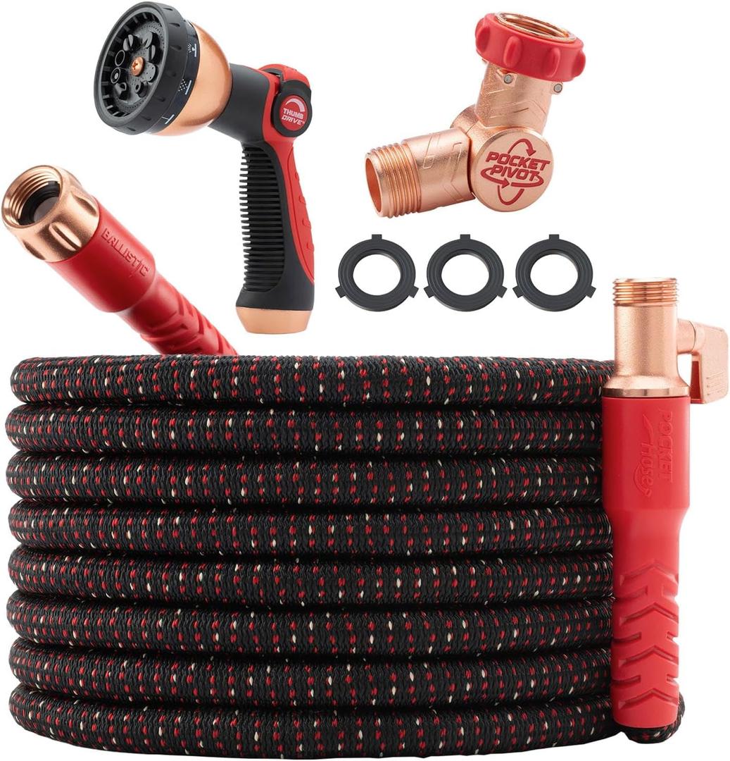 Pocket Hose Ballistic 100 FT Expandable Garden Hose w/Pocket Pivot Swivel Connector, Anti-Burst Sleeve Reinforced with Bulletproof Fiber, Lightweight, No-Kink, Compact, UV-Protected