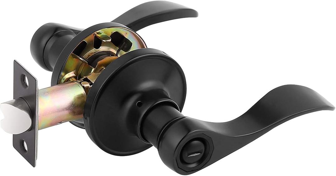 Gobrico Matte Black 1 Pack Privacy Door Handle, Interior Keyless Lever for Bedroom Bathroom, Reversible Wave/Drop Style Door Knob