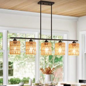 Boho Kitchen Island Light Fixture,39.4" Linear Chandelier for Dining Room,5-Light Rustic Pendant Lights Over Table,Handmade Woven Light Fixture,Farmhouse Wicker Chandeliers for Kitchen Islands