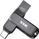 SSK USB 3.2 Flash Drive 64GB,Up to 200 MB/S Read Speed USB C Memory Stick,Dual USB C Thumb Drive with USB Type-C and USB A,Robust Black Metal Pen Drive for Smartphones,Tablets,Mac,Laptop,Car,TV