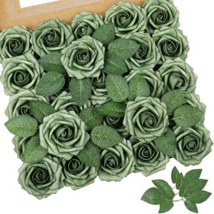 AmyHomie Artificial Flowers Green Rose 25pcs Real Looking Fake Roses w/Stem for DIY Wedding Bouquets Centerpieces Arrangements Party Baby Shower Valentines Day Christmas Tree Decorations