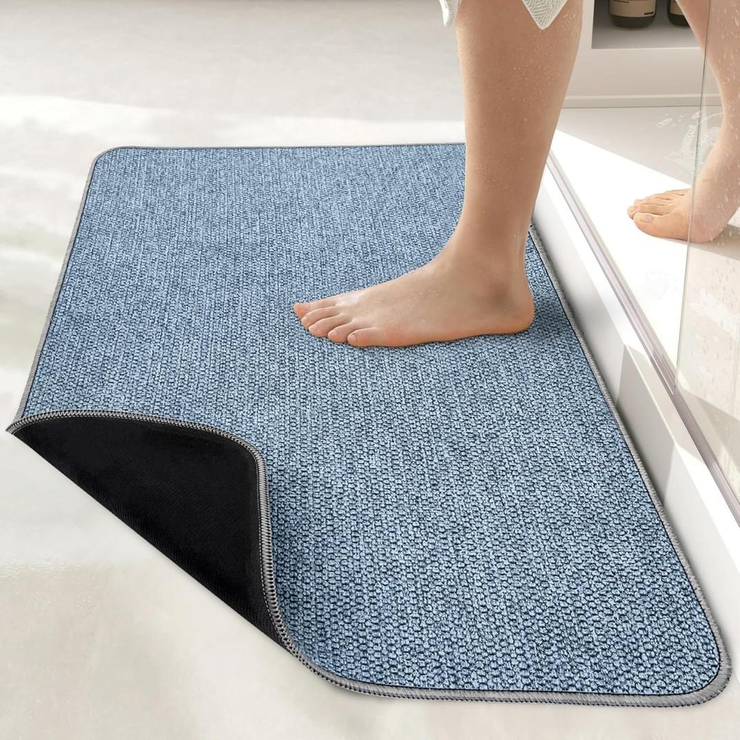 Bath Mat,Ultra Thin Bathroom Runner Rugs, Large Bath Mats for Bathroom, Quick Dry, Non-Slip,Machine Washable, Low Pile, Bath Rug,Shower Outside, Sink, Home Decor Accessories, Blue,1'5"x2'11"（17x35inch）
