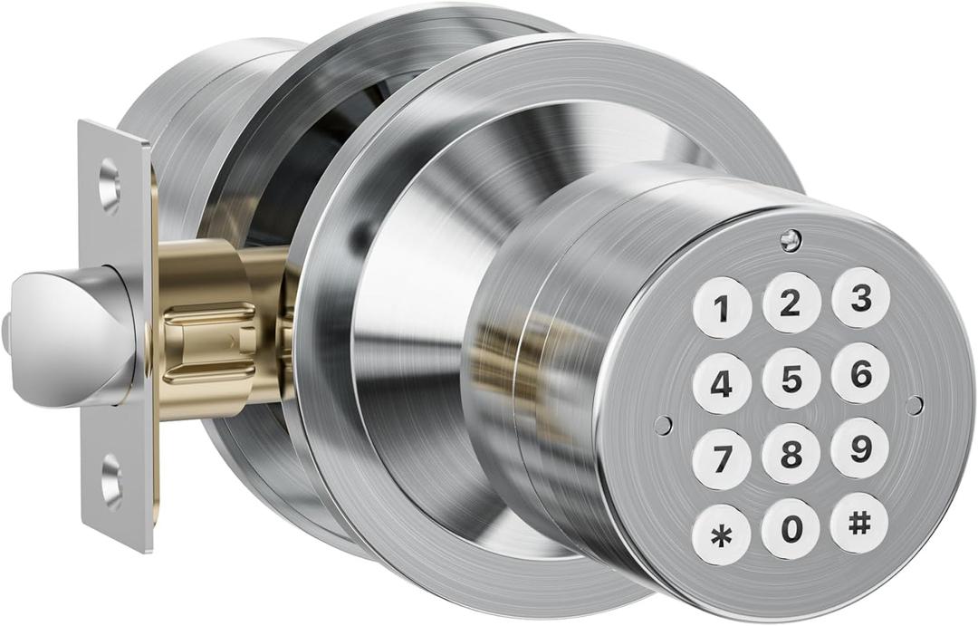 Door Knob with Keypad, Door Lock with Code, Keyless Entry Keypad Door Locks with Handle for Front Door Garage Home Apartment, Satin Chrome (1 Pack)
