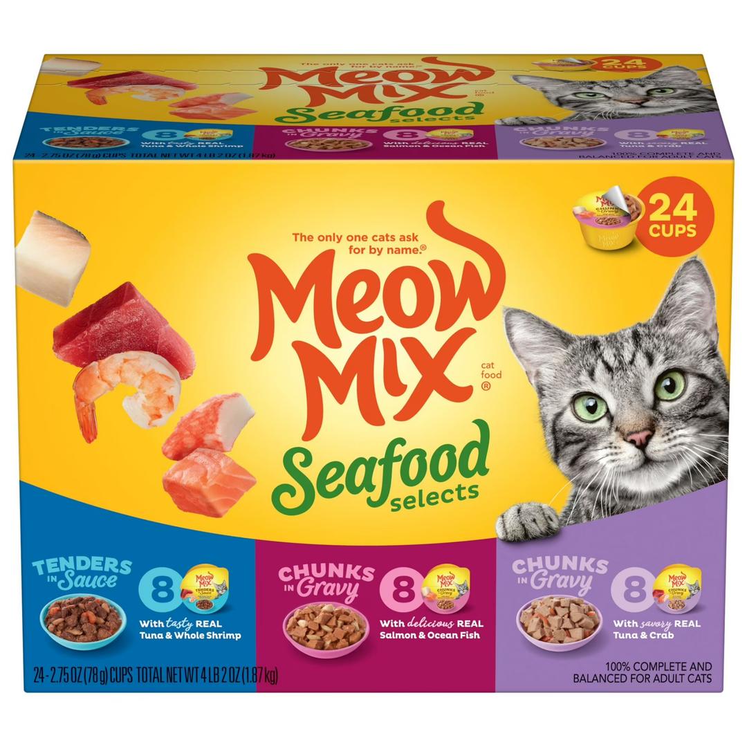 Meow Mix Seafood Selections Variety Pack, Wet Cat Food, 2.75 oz Cup (24 Pack)//07/18/2027
