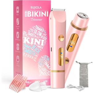 2025 Upgraded Bikini Trimmer for Women, Dual-Head Shaver with LCD Display, Ceramic-Blade Pubic Hair Trimmer, IPX7 Waterproof Wet & Dry Shower Shaver, Travel-Ready Gift Pouch (Light Pink)