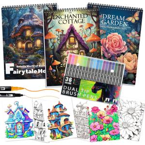 3Pcs Adult Coloring Book for Women Relaxation, 36 Colors Markers with Spiral Bound Adult Coloring Book for Women, 36 Dual Tip Colors Markers, Anxiety Relief Mindfulness Gifts (Cottage & Garden & House)