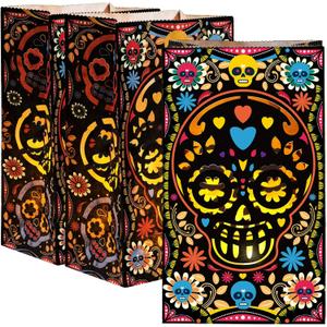 24 Pcs Halloween Day of The Dead Luminary Bags Paper Treat Bags Black Dia de Muertos Flame Resistant Candle Bags Goodie Present Wrap Bags for Halloween Party Favors Supplies