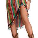 BEAUDRM Women's Boho Tassel Trim Skirt Split Ruched Fringe Hem Midi Skirts Rave Country Concert Festival Outfits, Large