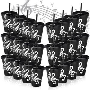 Skylety 24 Sets Music Themed Gifts Musical Tumbler Cups Bulk 24 oz Reusable Musical Note Plastic Tumbler with Straw and Lid Keychain Gifts for Music Lover Party Favor (Black)