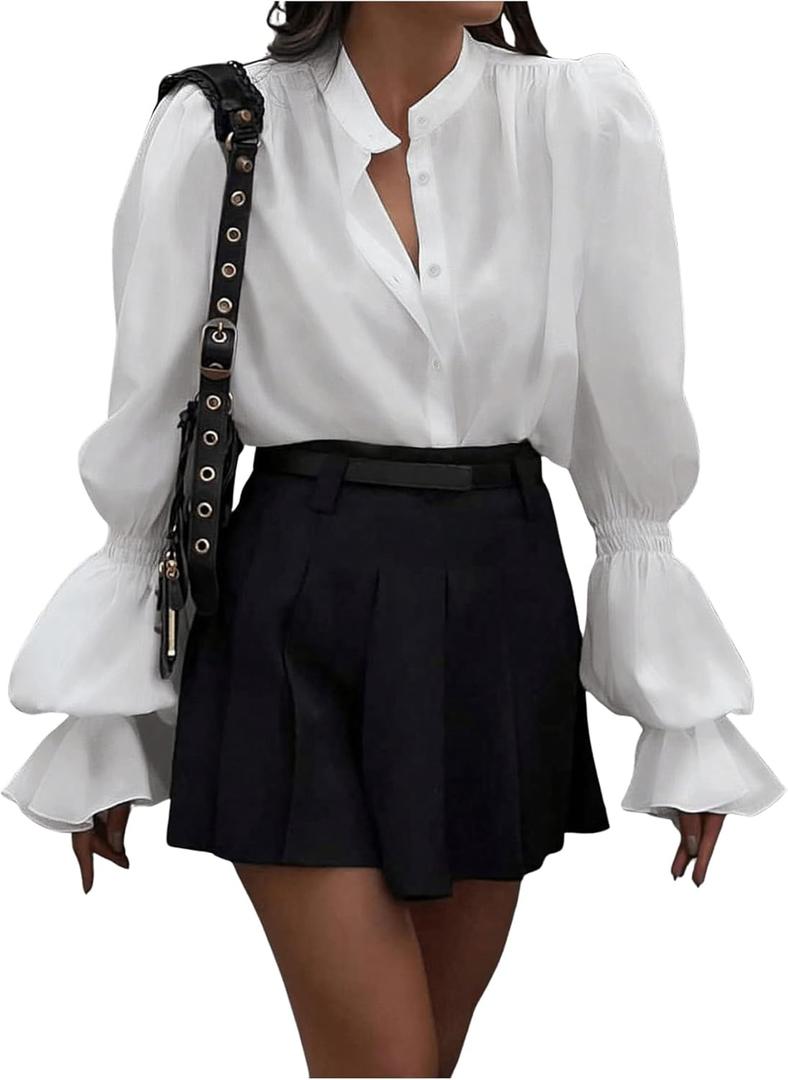 SweatyRocks Women's Puff Sleeve Button Down Shirt Vintage Loose Fit Blouse Dressy Casual Tops (White) S