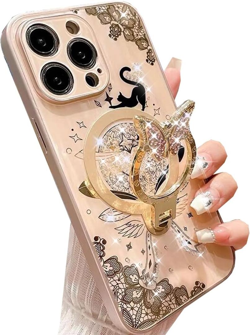 Changjia Magnetic Kickstand Glitter Case for iPhone 16 Pro,[Compatible with Magsafe] Cute Bling Sparkle Diamond Butterfly Ring Stand Cat Lace Elegant Shockproof Women Girls Case for iPhone 16 Pro,Gold