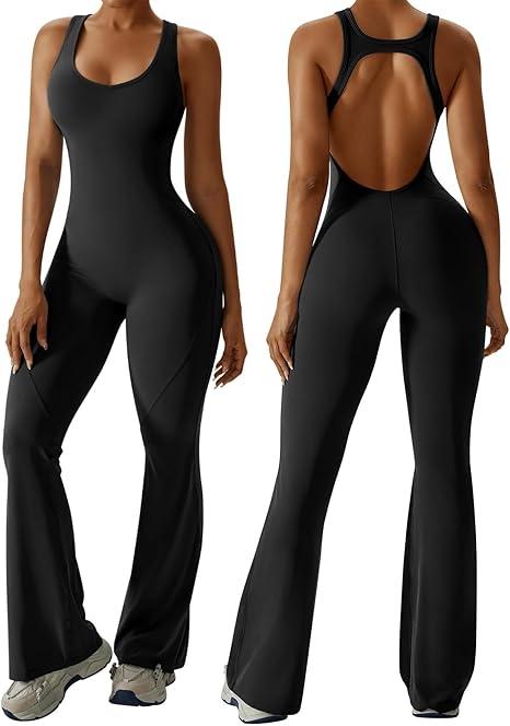 OEAK Womens Flare Jumpsuit with Bra Tummy Control Cutout Romper Workout Outfit Sleeveless Unitard One Piece Backless Bodysuit S Black