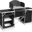 CampLand Folding Camping Kitchen Table with Windscreen,Portable Outdoor Cooking Station with Storage Cabinet & Side Tables Heavy Duty Camp Cook Station for Camping & BBQ (Black3cabinet)