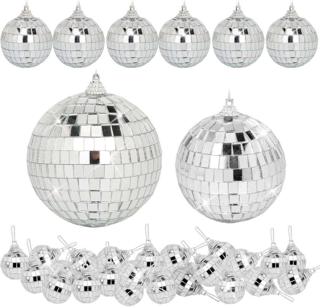 Mini Mirror Disco Ball Decor: 32 Pack Hanging Mirror Ball Ornaments Different Sizes - Small Disco Balls Decorations Bulk for Party Christmas Tree Cake Room Birthday (Silver)