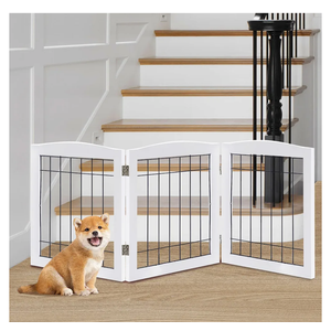 LZRS 3-Panel Freestanding Foldable Wooden Dog Gate –Solid Wood & Steel Wire Chew-Resistant Indoor Safety Pet Fence for Doorways & Stairs, Ideal for Small to Medium Dogs & Puppies, White