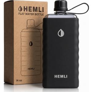 Tritan Flat Water Bottle with SIlicone Case, Square Water Bottle For Travel, Bags, and Purses, Slim Lightweight Leakproof (Black, 14 oz)