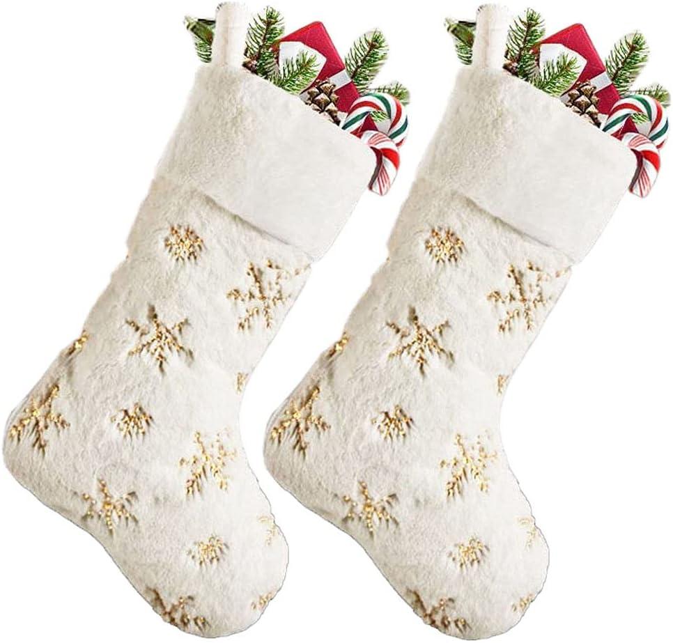 SherryDC White Plush Christmas Stockings 2 Pack, 19" Silver & Gold Snowflake Sequin Embroidered Fireplace Hanging Stockings Set for Christmas Decoration