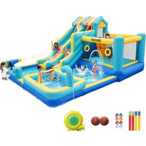 FINCOME Inflatable Bounce House, 10 in 1 Double Water Slide Bounce House with 750W Blower, Climbing Wall, Jumping, Water Gun, Splash Pool, Basketball Hoop for Kids Indoor Outdoor Backyard