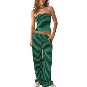 Tankaneo Womens Striped 2 Piece Sets Summer Strapless Crop Tube Tops Wide Leg Pants Matching Lounge Set Vacation Outfits, Small