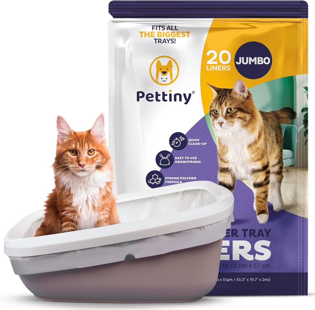 Pettiny 20 Jumbo Litter Box Liners with Drawstrings - Scratch Resistant Cat Litter Bags for the Biggest Litter Pan