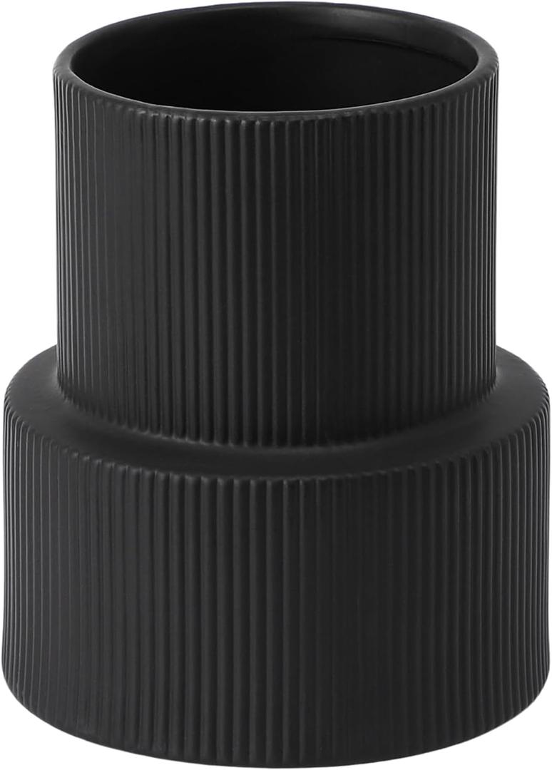 Black Ceramic Flower Vase, Large Ceramic Vase, Boho Decorative Vases for Modern Decor, Ribbed Vase, Pampas Grass Vases for Living Room, Office, Mantel, Shelf, Dining Table, 7.5 Inches