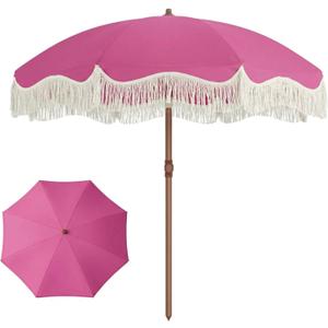 7ft Patio Umbrella with Fringe, Boho Beach Umbrellas, Outdoor Tassels Umbrellas with Push Button Tilt & Carrying Bag, 8 Windproof Fiberglass Ribs, UPF50+