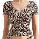 SUUKSESS Women Double Lined Fitted Basic Tee Sexy V Neck Short Sleeve Y2K Crop Top (Medium, Cheetah)
