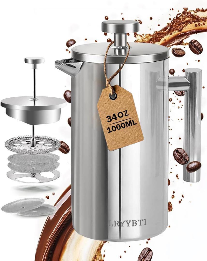 French Press Coffee Maker,304 Stainless Steel Coffee Press with scale lines and 2 Extra Filters for Kitchen & Camping (Silver, 34 OZ) 1 Litre
