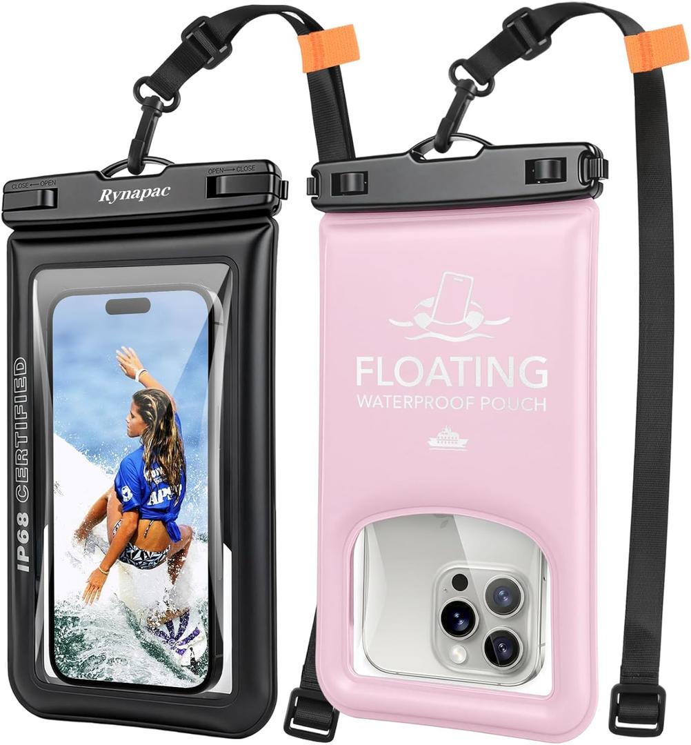 Waterproof Phone Pouch Floating 2 Pack, IP68 Waterproof Phone Case with Lanyard for iPhone 17 16 15 Pro Max, Galaxy S26 Ultra, Touch Screen, Cell Phone Dry Bag for Beach Cruise Essentials, Up to 8.5" (Black + Pink)