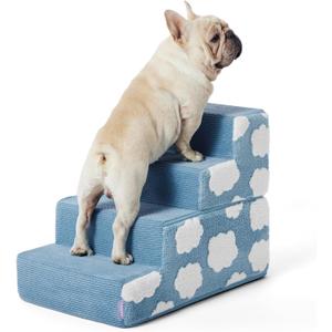 Lesure Dog Stairs for Small Dogs 18" H 4-Step Foam Pet Steps Foldable for High Bed Couch and Sofa Chairs Jacquard Shaggy Plush for Cats with Supporting Board and Non-Slip Bottom, Light Blue