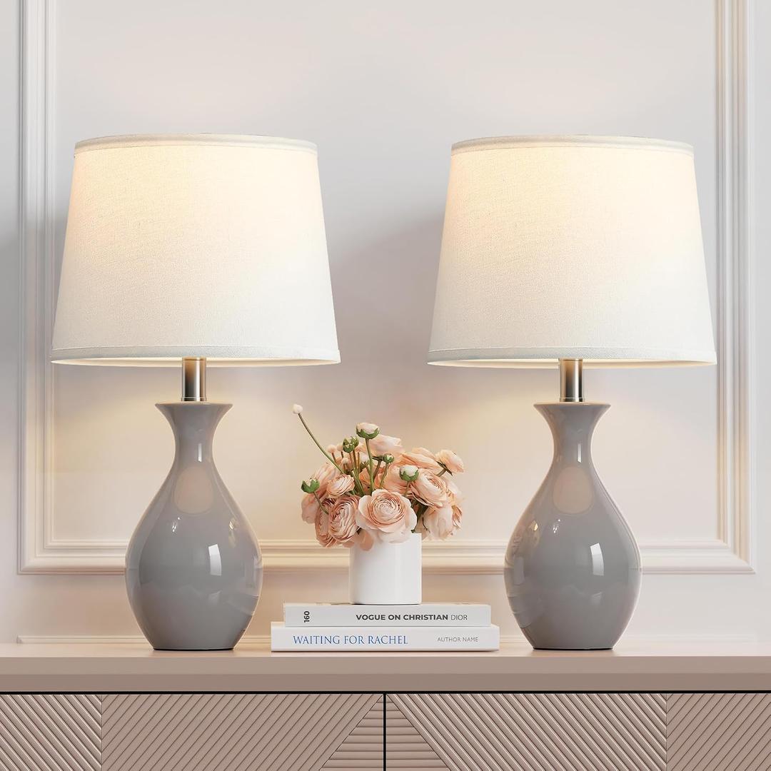 PARTPHONER Table Lamp Set of 2, Modern Ceramic Bedside Lamps for Night Stands, Classic Small Lamp Nightstand Lamp for Bedroom Living Room Desk End Table Rocker Swtich Grey