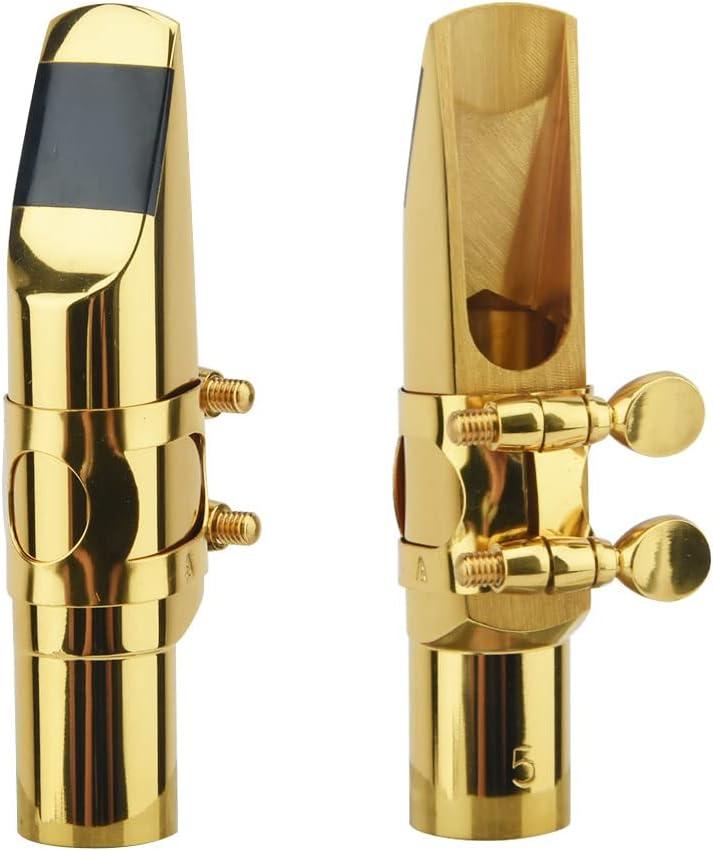 Alto Sax Saxophone Mouthpiece w/Cap & Ligatures, Brass Metal Eb Alto Sax Mouthpieces for Saxophone Professionals and Beginners (Gold - 5C)