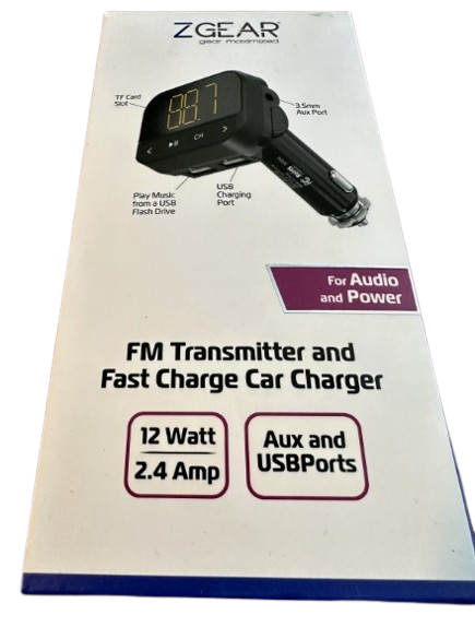 ZGear FM Transmitter and Fast Charging Car Charger 12 watt 2.4 amp Aux & USBport