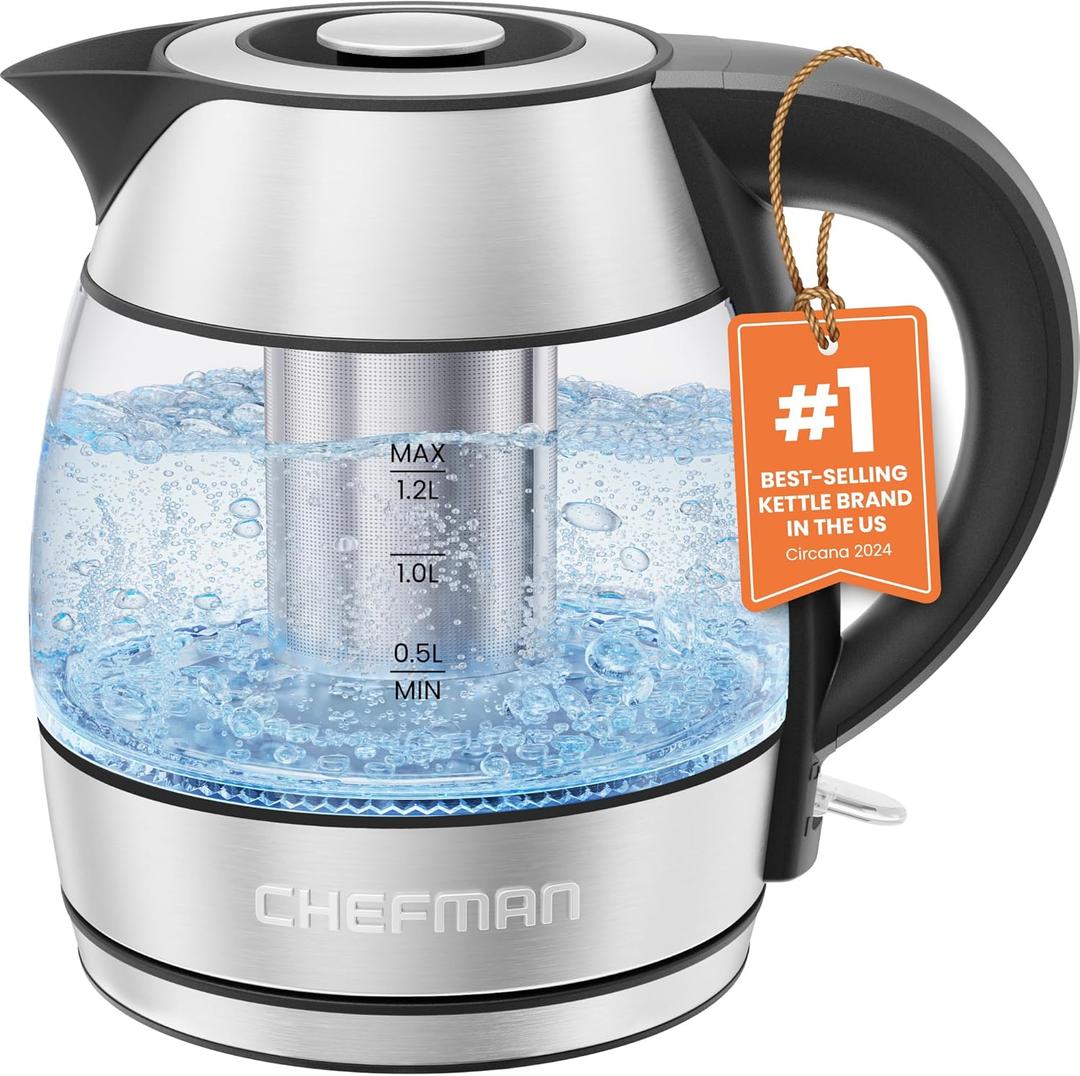 CHEFMAN Electric Kettle - 1.2L 1500W Hot Water Tea Pot with Infuser, BPA Free, Auto Shut Off, Boil-Dry Protection, Removable Lid, LED Light, Cordless Glass Electric Tea Kettle  Stainless Steel