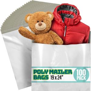 Poly Mailers 19x24 Inch - 100 Pack - Large Shipping Bags for Clothing & Packages, Strong Adhesive Sealing Mailing Envelopes for Small Business, White