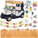 Zeyune 19 Pcs Summer Parade Golf Cart Decorations Kit Hawaiian Luau Grass Fringe Banner 19.7 ft Plastic Flower Lei Garland Summer Luau Stickers for Golf Cart Summer Theme Decorations