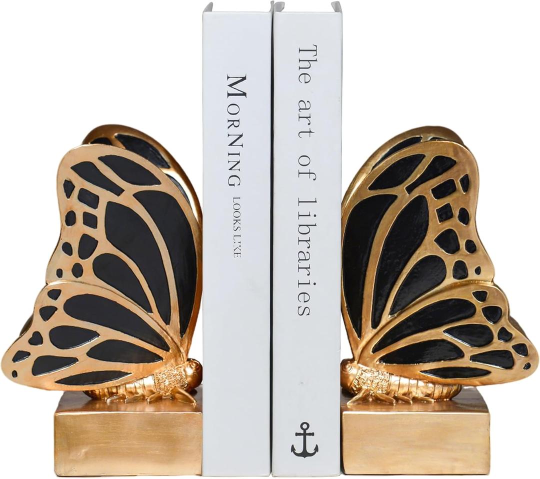 Vintage Brass Butterfly Bookends,Resin Book Ends for Shelves,Heavy Duty Decorative Bookends,Creative Book Stopper Holder Decor for Desk Home Office,Shelf Decoration,Gifts for Mother's Day