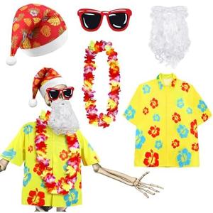 WinnerWhy 5 Pcs 12 ft Skeleton Summer Christmas Costume Set Beach Shirt Santa Hat Beard Hawaiian Leis Sunglasses Christmas in July Skeleton Santa Outfit Accessories Decorations Multicolor 3XL
