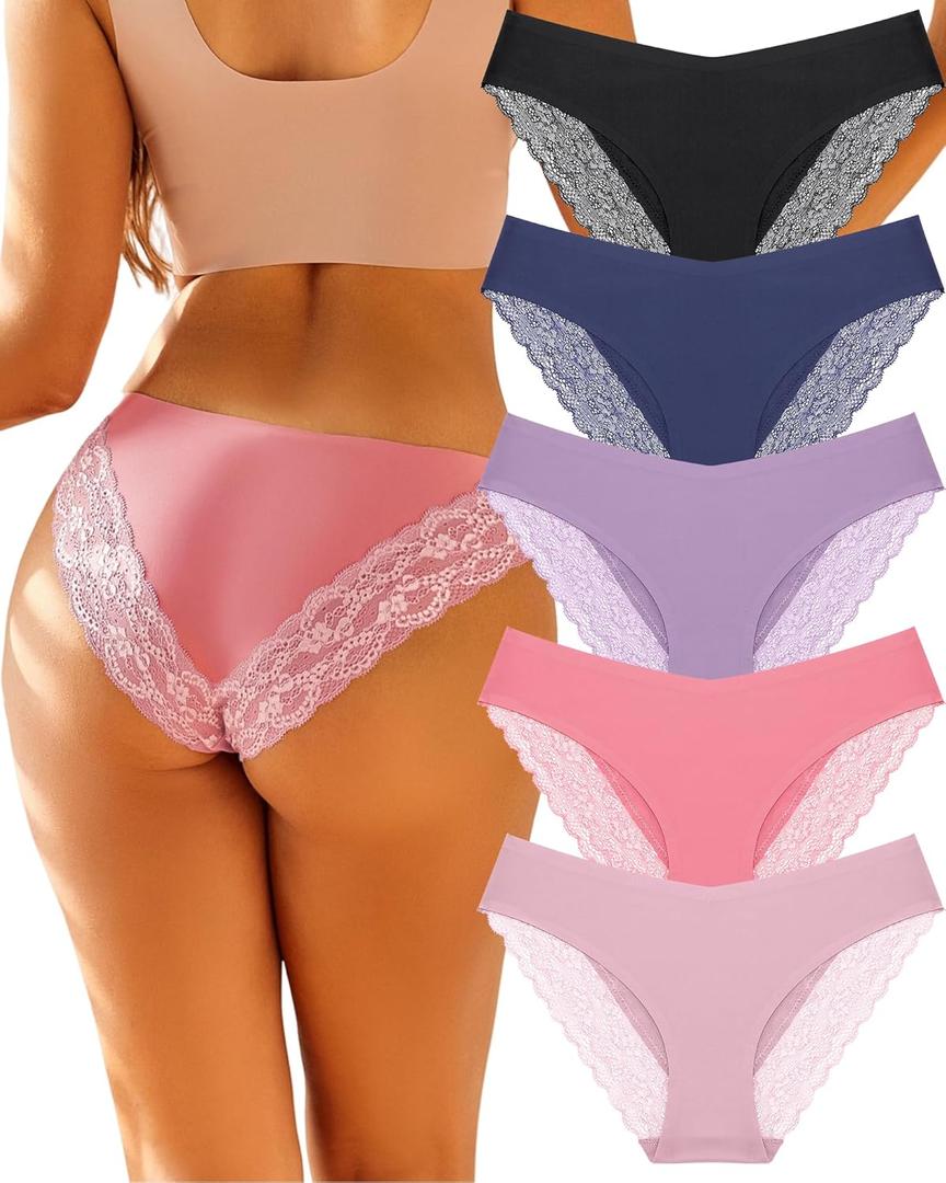 FINETOO Underwear for Women Lace Sexy Hipster V Cut No Show Bikini Panties Seamless Cheeky 5 Pack, (Large)