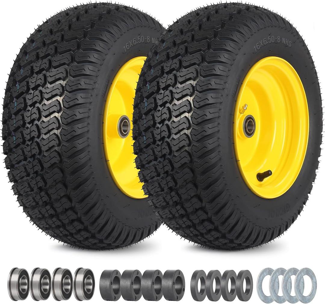 16x6.50-8 Tubeless Tire and Wheel, 16x6.5-8 Lawn Mower Tires, 3"-4.5" Offset Hub, 3/4" or 5/8" Bearing, Universal Fit Riding Mower and Garden Tractor Front Wheel, 4 Ply, S-Turf Pattern, 2 Pack