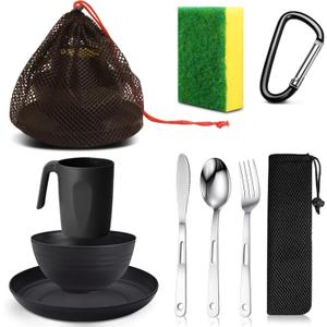 Scout Camping Mess Kit for Person Boy Scout Dishes Set Girl Scout Mess Kit with Mesh Bag Reusable Light Weight Eating Utensils Plastic Camping Cutlery Set for Travel Camp (Black)