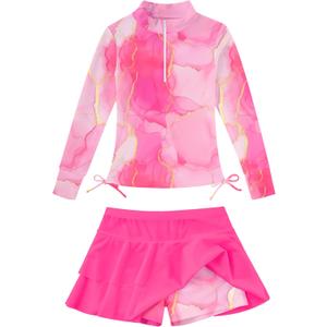 Vogseek 3-12T Girls Rash Guard 2 Pieces Bathing Suit Long Sleeve Swimsuit Swimming Skirt with Shorts Swimwear (Pink, S)