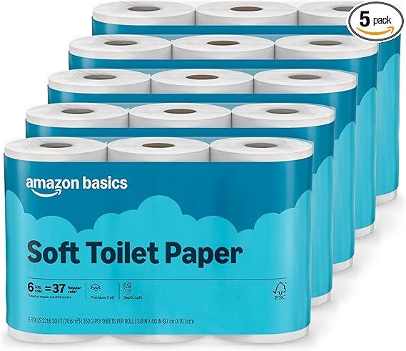 Amazon Basics 2-Ply Soft Toilet Paper, 30 Rolls (5 Packs of 6), 350 Sheets per Roll, Septic Safe, Equivalent to 185 Regular Rolls