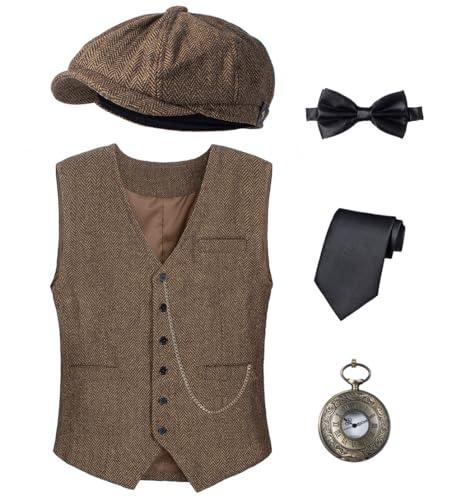 Kids 1920s Costume for Boys Vest Hat Accessories Set Party Cosplay 10-11 Years Dark Brown