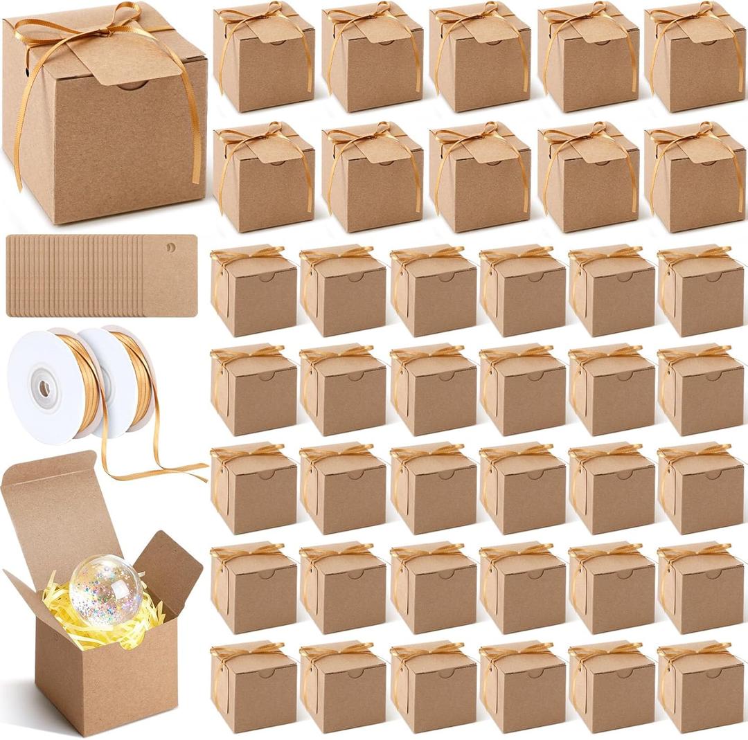 YooNotee 100 Pcs Small Gifts Boxes 3x3x3 Inches Kraft Square Gift Boxes with Lids Cards Ribbons, Brown Square Favor Box Bulk for Gifts Candy Wedding Bridesmaids Birthday Party(3x3x3 Inches, Kraft)