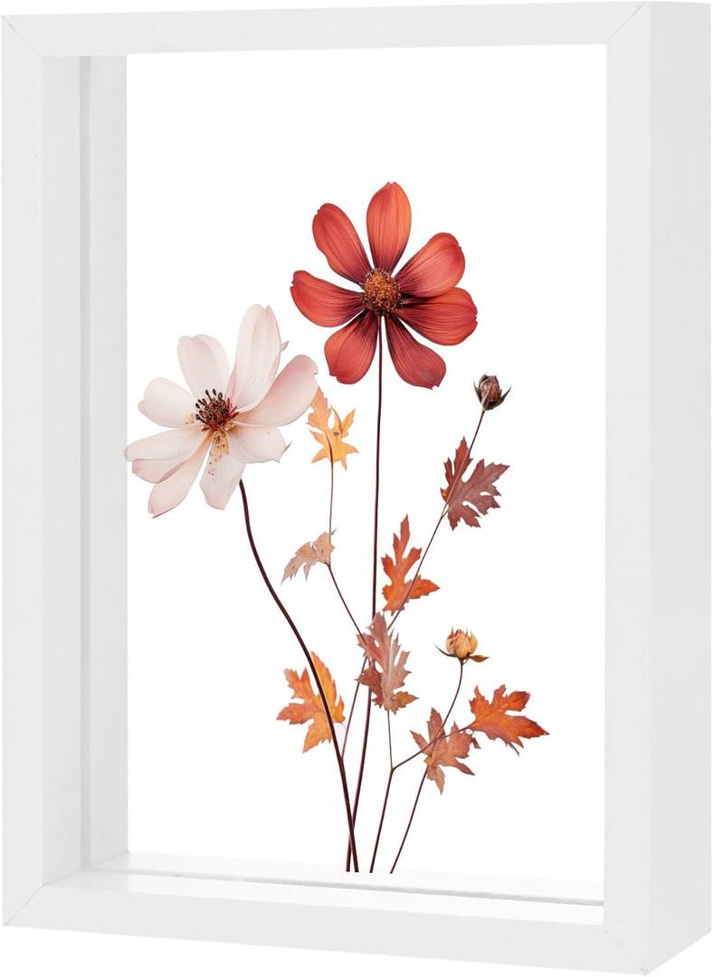 M METERXITY Wooden Pressed Flower Frame, 5 x 7 Inch Double Acrylic Floating Picture Frame for Dried Flowers/Tabletop/DIY/Handicrafts [White]