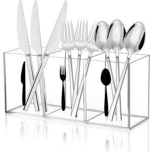 Acrylic Cutlery Storage Organizer Bin Clear Acrylic Silverware Caddy Utensil Holder 3 Compartment Cutlery Caddy Plastic Tableware Silverware Holder for Countertop Kitchen Party Buffet Picnic (7.79 x 2.56 x 3.54 inches / 19.8 x 6.5 x 9 cm)