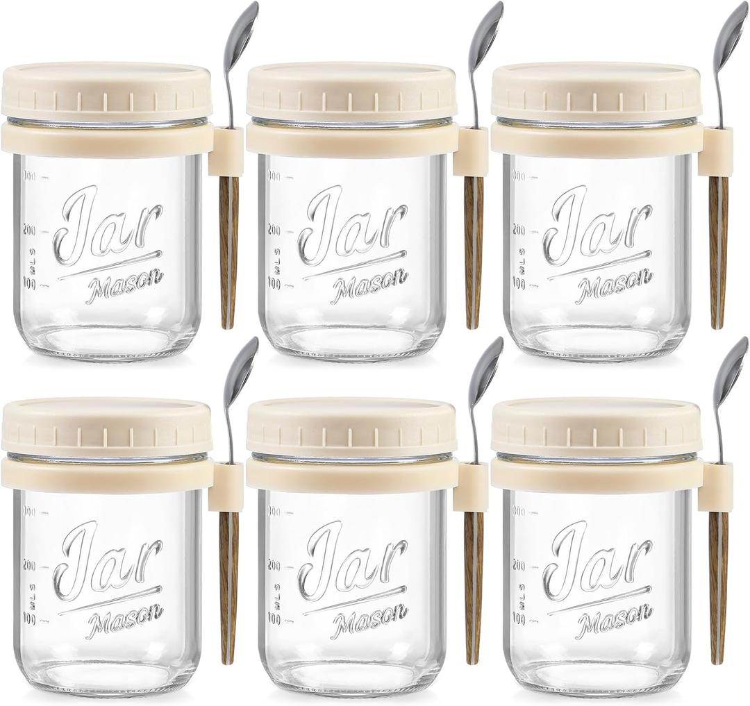 6 Pack Overnight Oats Containers with Lids and Spoons, 16 oz Glass Mason Overnight Oats Jars, Large Capacity Airtight Jars for Milk, Cereal, Fruit(Beige