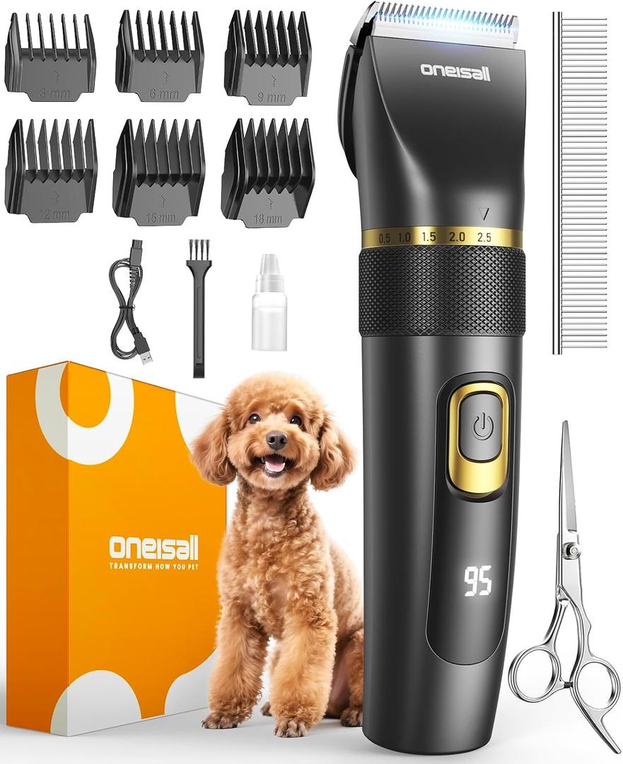 oneisall Dog Clippers Low Noise, Pro Dog Grooming Clippers Kit with Rechargeable Cordless Shaver Trimmer for Dogs Cats, IPX7 Waterproof Pet Clippers Grooming At Home